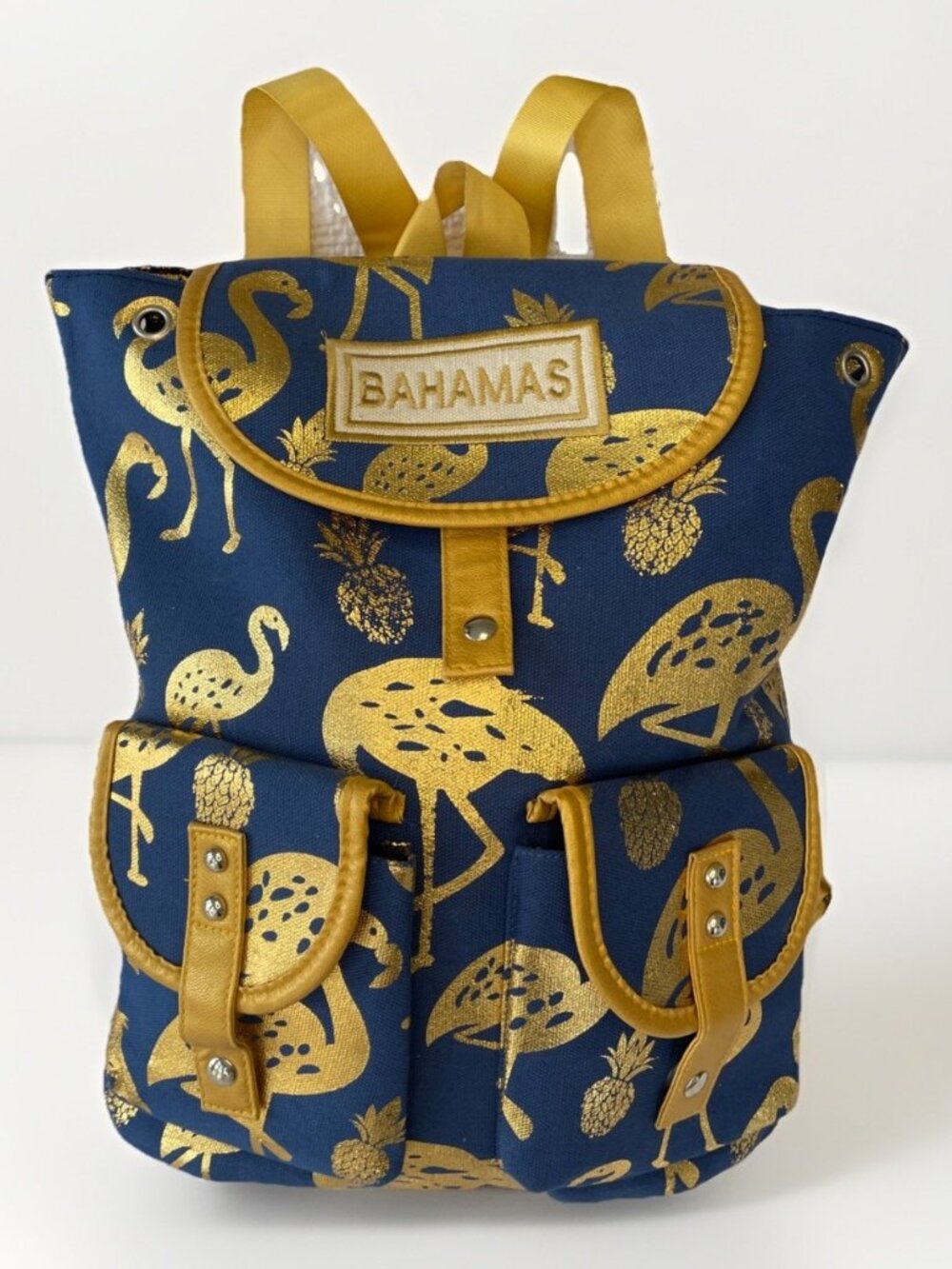 Bahamas Backpack Gold Navy Blue Flamingo Pineapple tropical lightweight travel